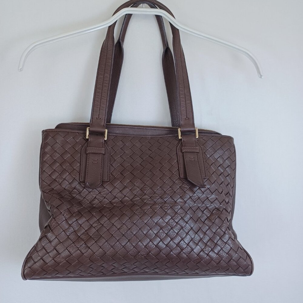 Cole Haan Handbag Dark Chocolate Woven Leather Basket Weave Shoulder Tote - Picture 3 of 16